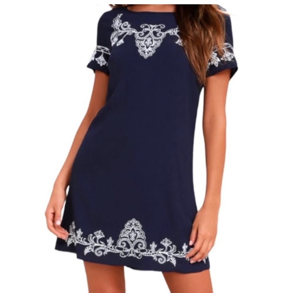 Lulu's Navy Blue and White Embroidered Mini Dress